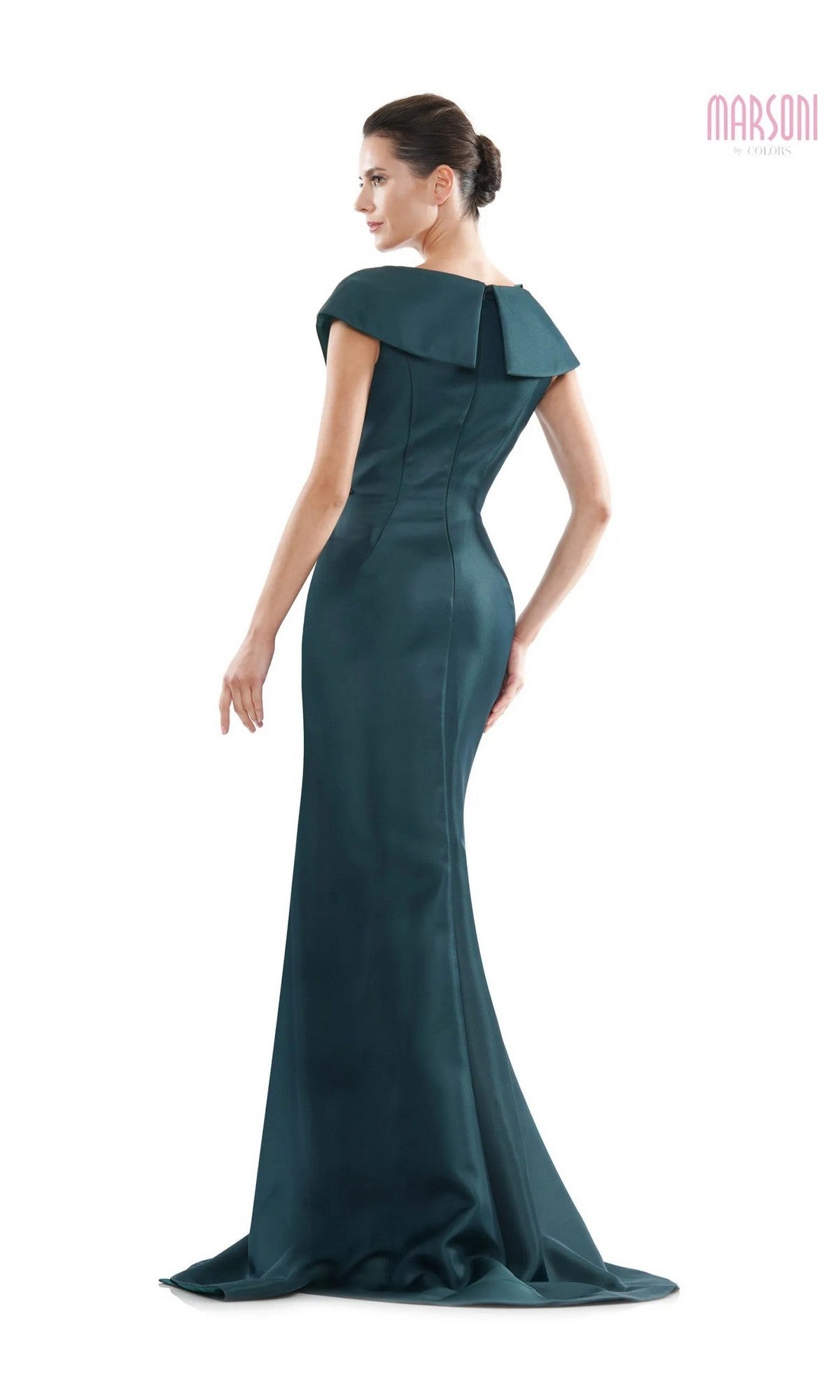 A woman wears the Marsoni MV1086 long formal dress, featuring a fitted, floor-length dark teal design with off-the-shoulder sleeves, trumpet silhouette, and small train, posed against a plain white background.